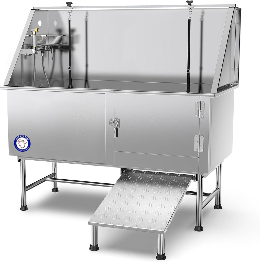 Flying Pig Grooming 62" Stainless Steel Pet Dog Bath Tub with Faucet (Right door/Left Drain), 62 x 27 x 58"